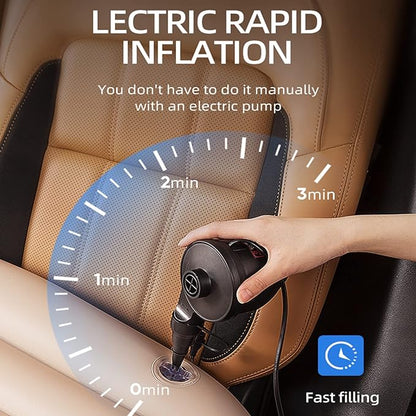 Car seat with electric rapid inflation pump and timer display, showing a hand using the pump.